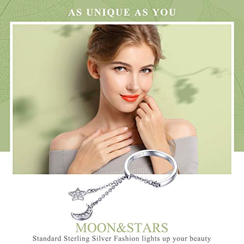Kokoma Fashion CZ Moon Star Eternity Promise Ring Sterling Silver Adjustable Crystal Tassel Chain Wedding Statement Rings Finger Tail Band Cute Jewelry Gifts4