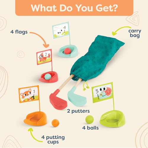 Image of B. toys Wooden, Hole-in-Fun with Storage Bag, 15-Piece, Summer | Toy with 2 clubs, 4 balls, 4 putting cups, 4 numbered animal flags, color-coded pieces, storage bag, 3+ Years