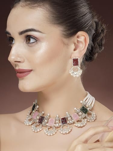 Image of Karatcart Pink Stone Studded Pearl Kundan Necklace Set for Women