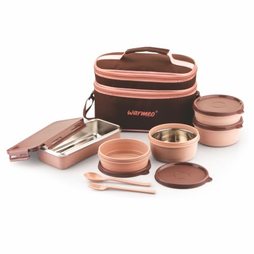 Image of WARMEO Micro Meal Microwave Safe Lunch Box | 1 Rectangular Container 600ml + 2 Round Containers 350ml Each + 2 Round Container 250ml Each + 1 Spoon + 1 Fork,Stylish Durable Jacket,Office,School,Brown