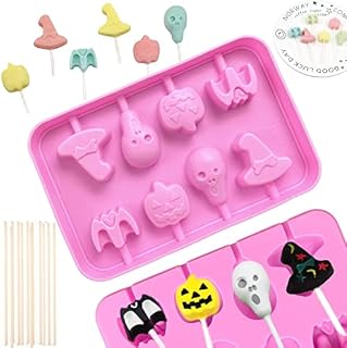 Crethink 1 Piece Halloween Silicone Chocolate Lolly Mould - 8 Cavity Pumpkin,Skull,Bat and Witch's Hat Shapes Lollipop Molds for DIY Chocolate,Candy,Jelly with 20PCS Sticks