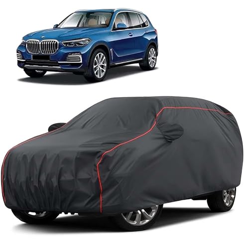 Image of Sulfar 100% Water Resistant Car Body Cover Compatible with Mirror for BMW X5 (Triple Stitched, Full Bottom Elastic, Dark Grey Taffeta with Red Piping)