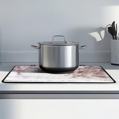 Image of Stove Top Cover Protector for Glass Ceramic Stoves Universal Induction Cooktop Mat Machine Washable Multipurpose kitchen Decor Mat, 29 x 21 Inch, Peach Blossom White Wood Grain