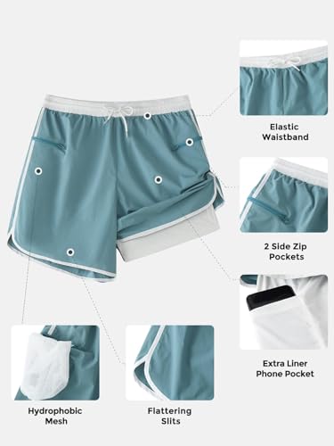 INCERUN 5inch Mens Swimming Trunks with Compression Liner 2-in-1 Swim Trunks Stretch Quick Dry Swim Shorts Zipper Pockets Light Blue XX-Large — view 4