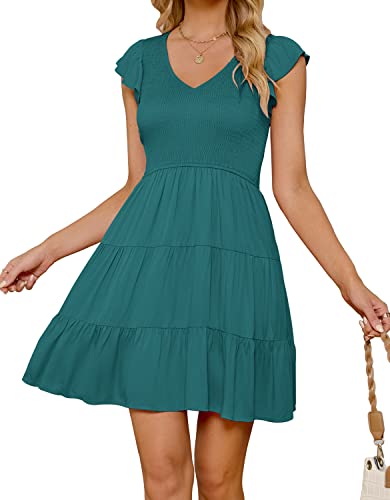 ZESICA Women's 2026 Summer Casual V Neck Flutter Sleeve Bohemian Ruffle Smocked A Line Swing Mini Dress,Teal Green,Large