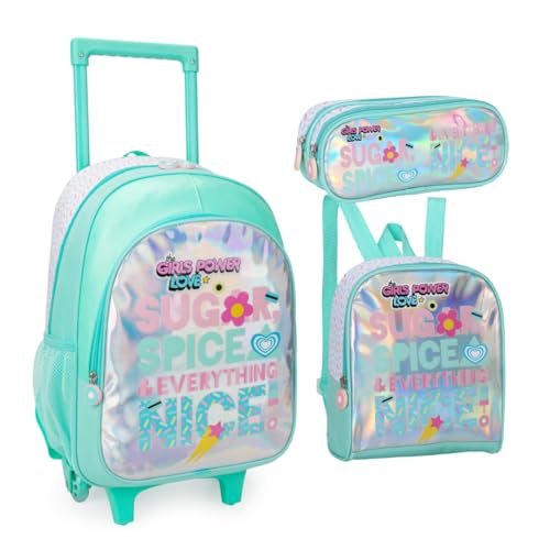 Kit Mochila Com Rodas Lancheira Térmica e Estojo Sugar Spice Kika (Verde)