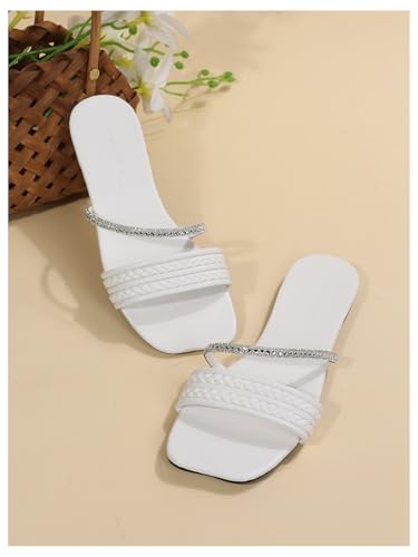 Image of GORGLITTER Women's Rhinestone Sparkly Flat Sandals Glitter Strappy Wedding Braided Prom Leather Square Toe Slide Shoes