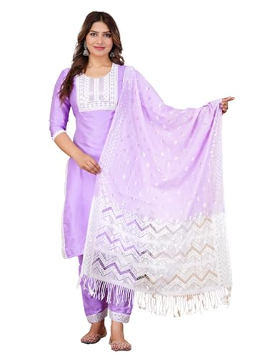 Image of Women's Silk Embroidered Kurta with Pant and Dupatta Set, Straight Style
