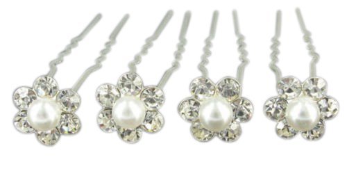 Trimming Shop Acciaio Inox Fermagli per Capelli con Bianco Perla, Cristalli Swarovski e Placcato Argento, Design Floreale per Matrimonio, Balli, Feste Donna Accessorio di Moda - Bianco, Bianco