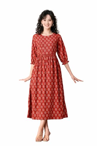 Image of Ichaa Women's Blue Cotton Printed Maternity Dress with Feeding Zips and Pocket| in Plus Sizes