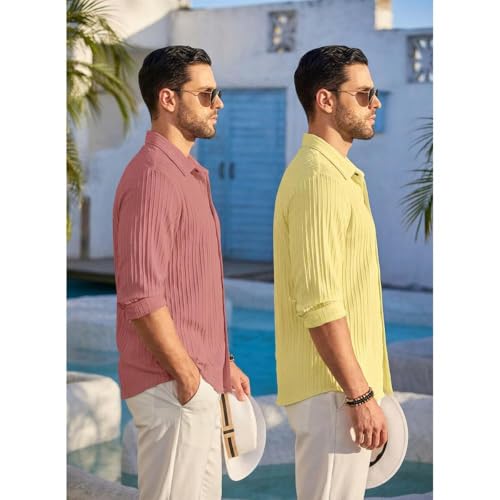 Image of FINIVO FASHION Men's Cotton Blend Shirt Set Lightweight, Full Sleeves, Plain Texture, Button Closure, Summer Ready (Pack of 2)
