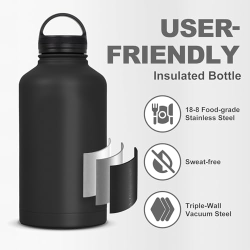 Image of Tactical Half Gallon Water Bottle with Straw | 64 oz Insulated Water Jug with 3 BPA Free Lids, Handle, Strap, MOLLE System for Gym Workout Hiking - Black