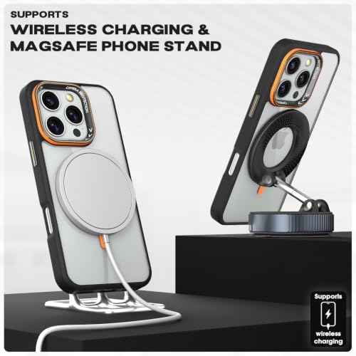 Image of Pikkme Back Cover for iPhone 16 Pro | Shockproof | Mag-Safe Compatible | Hard Transparent Back | Premium Raised Camera Protection | Bumper Case (Black & Orange Mag-Safe)