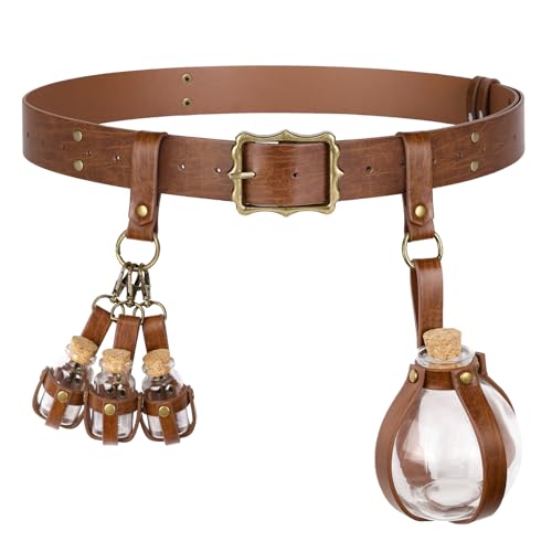 HiiFeuer 3 pièces Ceinture médiévale d'alchimie Bouteille de potion Fantastique Flacons en verre ajustables, Costume de sorcier ou sorcière Renaissance Ren Faire (Marron A)