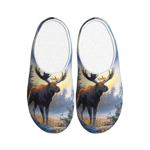 Pantoufles chaudes femme et homme EdWal avec motif cerf et chaussons d'hiver antidérapants