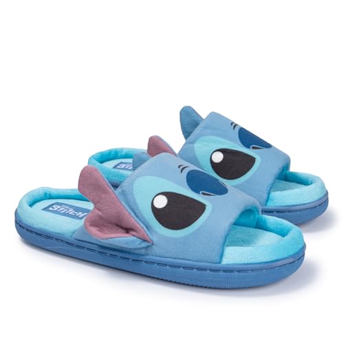 Disney Lilo & Stitch Womens Blue Fuzzy Slipper Slides House Shoes - Cute Plush Indoor Slippers with Stitch Face Print Cozy Slip On Stitch Lounge Footwear for Women Blue Size 9 Women
