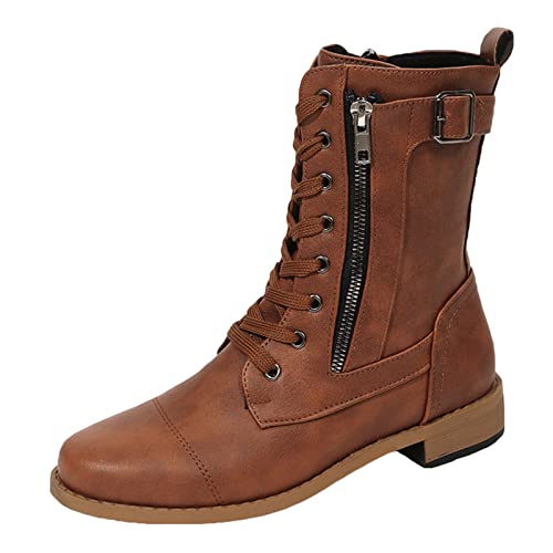 Botas De Mujer A Media Pantorrilla Tacón Bajo con Cordones Botines De Vaquero Antideslizantes Cremallera Plana Invierno,Marrón,41 EU