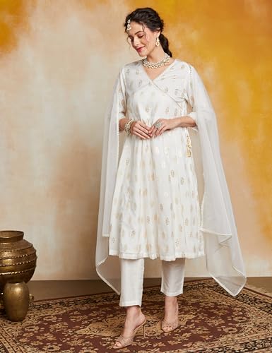 Image of Amazon Brand - Myx Women's Embroidered Anarkali Kurta Set with Organza Dupatta in Chanderi Blend (Available in Plus Sizes)