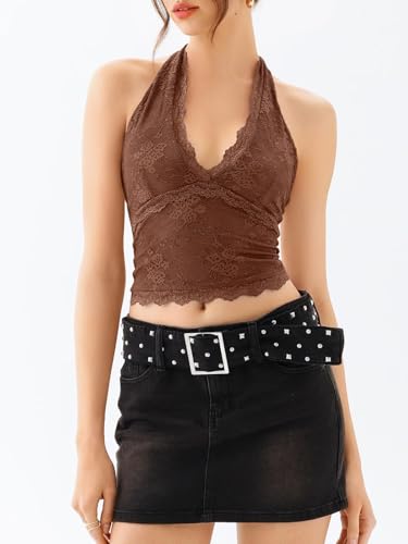 Women Sexy Cropped Halterneck Lace Top Sleeveless Backless V-Neck Lace Trim Crop Top Slim Fit Summer Tanks2