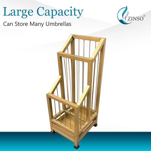 Image of ZINSO Umbrella Stand | Multipurpose Metal Black Rack | Storage Bucket for Umbrellas, Sports Equipment with Detachable Drip Tray | Easy to Clean | Made in India (No Wheels, Golden)