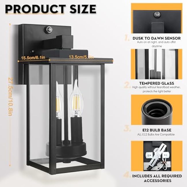 2-Light Dusk to Dawn Outdoor Wall Lights, Waterproof Exterior Lighting Fixtures with Shatterproof Glass, Rustproof Metal Outdoor Sconce Lights for Porch Garage House Exterior