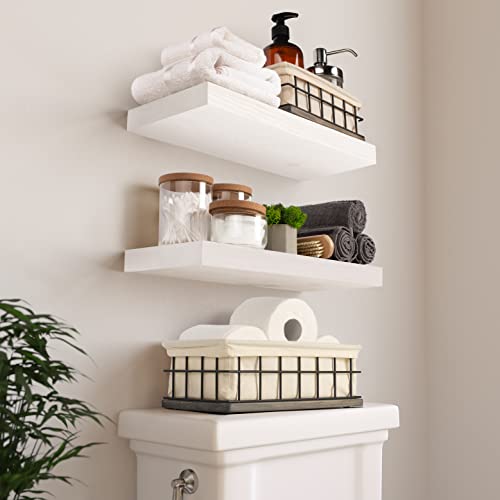 Baobab Workshop Floating Wood Shelves Set Of 2 - Rustic Shelf 16 Inch - Handcrafted - Wide Wooden Wall Shelves For Living Room Bedroom Kitchen Bathroom Farmhouse - White Color - 16" X 6.7" #TOP5