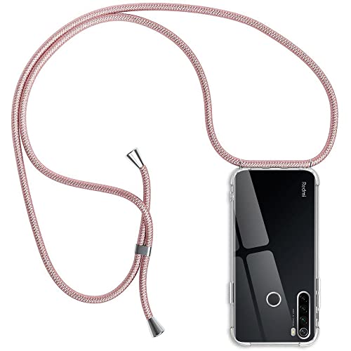 Funda para Xiaomi Redmi Note 8, Transparente Silicona Carcasa con Cuerda para Redmi Note 8, Rosyheart Suave TPU Case con Cuerda para Colgar Ajustable Anti Golpes Protector Case (Oro Rosa) Cover