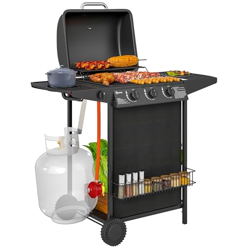 Outsunny Parrilla de barbacoa de gas 3+1 con termómetro integrado, tapa, parrilla de gas portátil con mesa auxiliar, estante, estante para especias, ruedas, taza de grasa para fiesta en el jardín