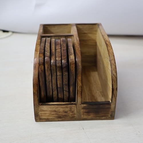 Image of Wooden Coaster Set with Cutlery and Tissue Holder, Kitchen Counter Organizer, Multipurpose Storage Solution