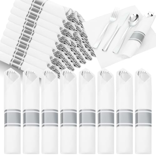 EI 120Pack Sliver Wrapped Plastic Silverware Set Disposable,480pcs Sliver Plastic Cutlery Set Include 360pcs Disposable Silverware Heavy Duty and 120pcs Napkins for Dinner/Wedding/Events