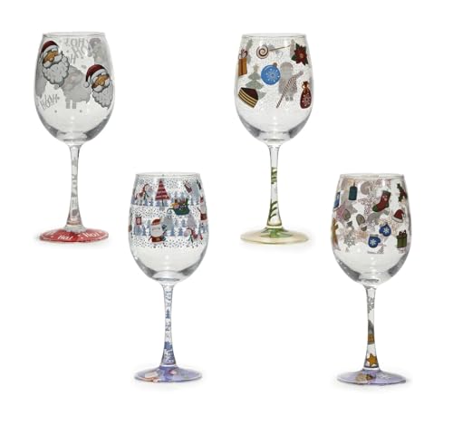 Set 4 Calici da degustazione vino Natalizi in Vetro 30cl Bicchieri Decorati a Natale Calice piede alto Decorato con Babbo Natale e Motivi Festivi Spumante decorazione tavola Idea Regalo Natalizia