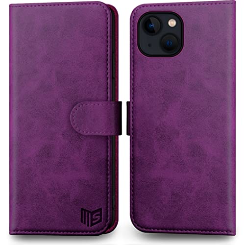 SUANPOT für iPhone 14 6.1" Flip Hülle [RFID Schutz][100% Echtleder][4 Kartenfächer] für Apple 14 Handy hülle Echtleder Wallet Phone Case Violett Cover