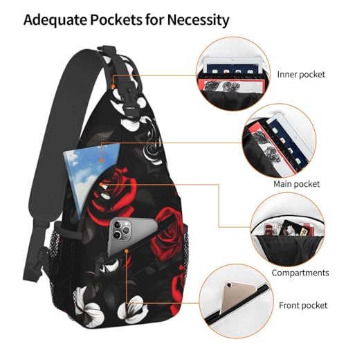Mochila cruzada con estampado de rosas negra blanca y roja miniatura 4