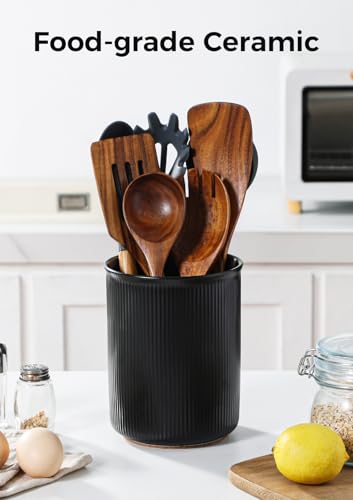 Image of LoeJan Utensil Holder, Extra Large Utensil Crock, Stable Ceramic Utensil Organizer, Cooking Tool Organizer Set for Kitchen Counter Farmhouse Decor, Matte Black
