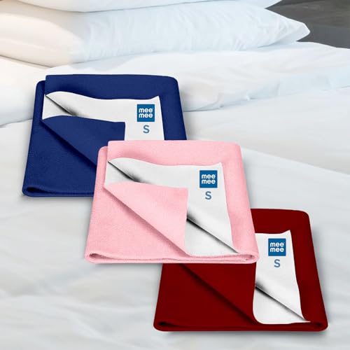 Image of Mee Mee Reusable Water Proof Cotton Bed Protector Sheet /Extra Absorbent Mat /Dry Sheets /Urine Sheet /Dry Mat Pack of 3 (Small, Maroon,Navy Blue & Pink)(50CmX70Cm)