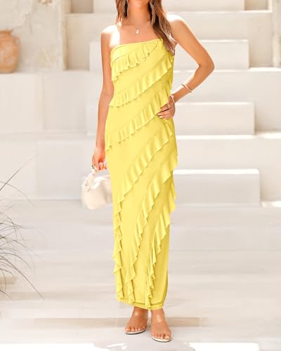 Image of BTFBM Women Summer Elegant Strapless Midi Ruched Bodycon Dress Solid Color Stretch Mesh Slim Party Cocktail Dresses