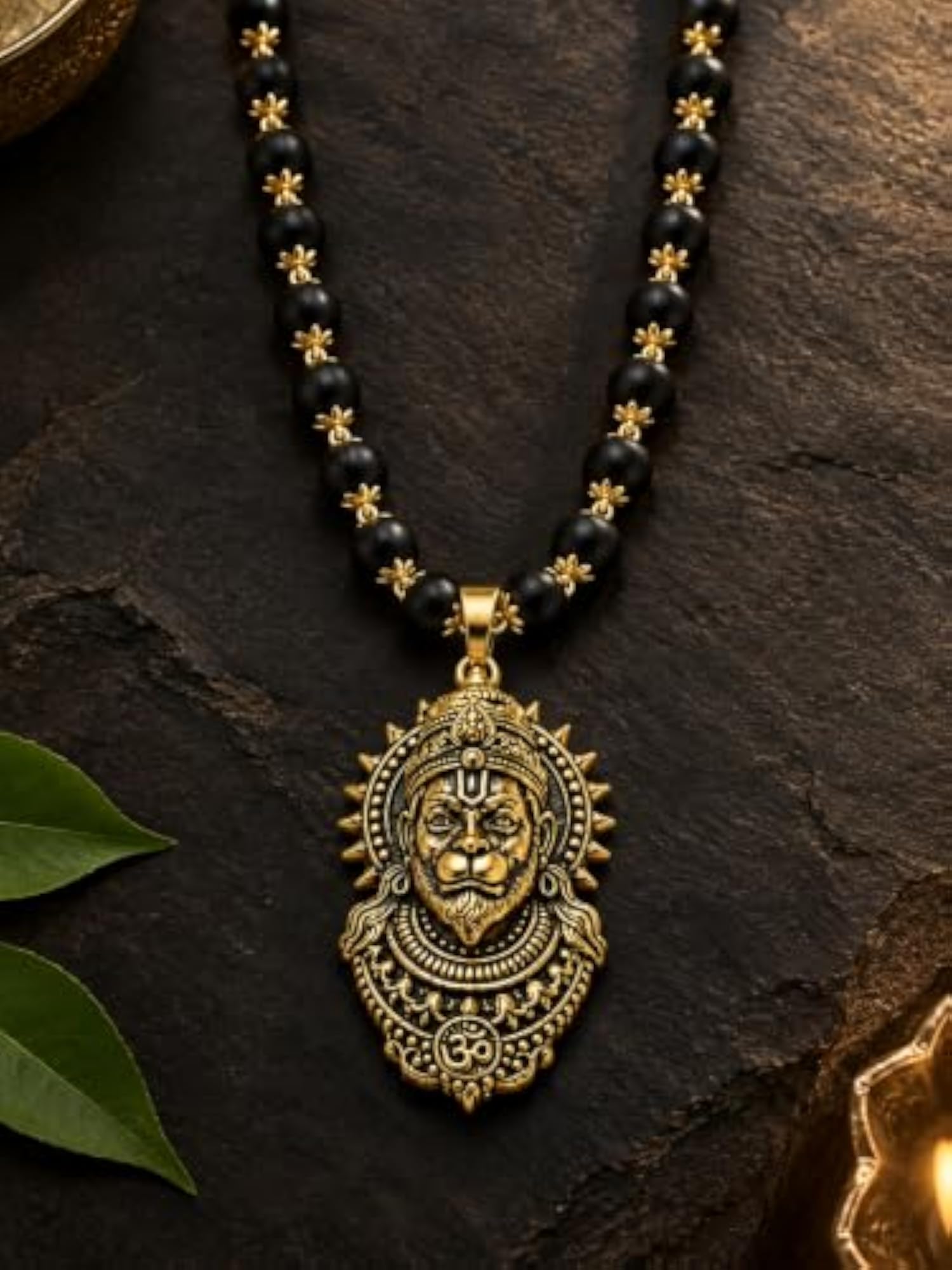 Hanuman Pendant Mala Necklace for Men & Women, Black Beaded