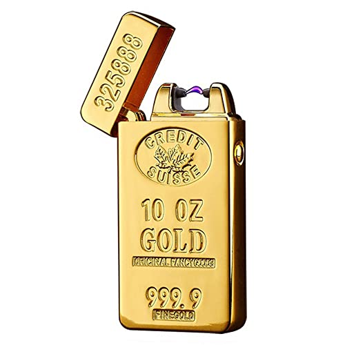 TECH DISCOUNT Briquet Double Arc Électrique Rechargeable USB Couleur Dorée Lingot Or Coupe-Vent Cadeau Homme Briquet Cigare Cover