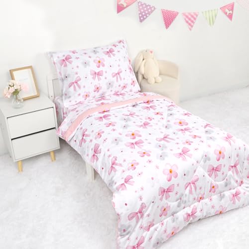 Image of Hooyax Toddler Bedding Set for Girls - 4 Piece Bow Toddler Comforter Set Includes Fitted Sheet, Comforter, Pillowcase & Flat Sheet - Soft Comfort Microfiber for All Seasons