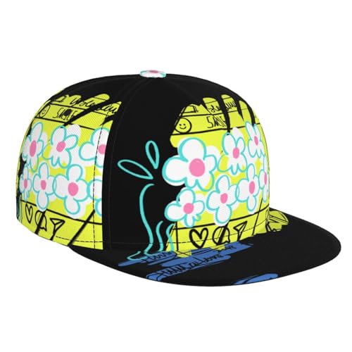 Smiling Face Graffiti Fashion Flat Brim Baseball Cap â€“ Stylish Unisex Cap with All-Over Print Design â€“ Breathable Lightweight Hat for Daily Wear, Outdoor Activities, and Travel Black