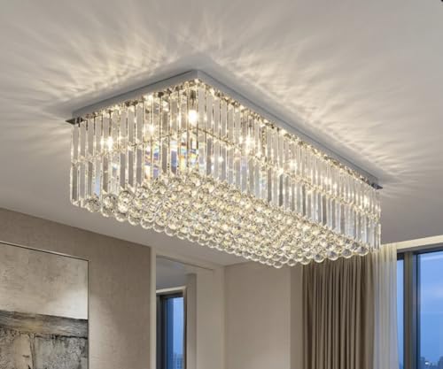 Image of Sanleen Rectangular K9 Glass Crystal Chandelier Ceiling Light 24x1 Feet Width Modern Luxury Lamp Corded Electric for Living Room, Bedroom, Dining Room & Lobby Designer Home Decor Lighting Fixture