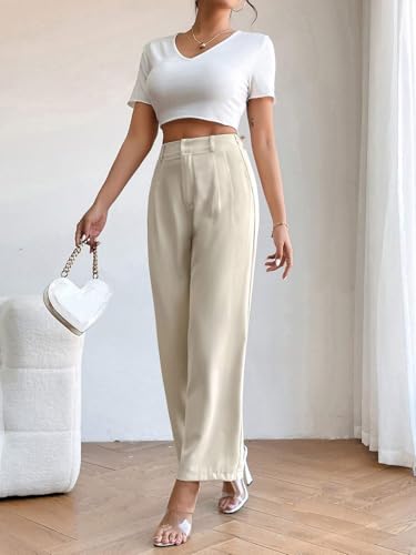 Image of KATECLO Women's Wide Leg Pants | Beige Polyester Trousers | Stylish Korean Clothing | Flared, Straight Fit, Baggy, and Loose Jeggings for Girls and Women