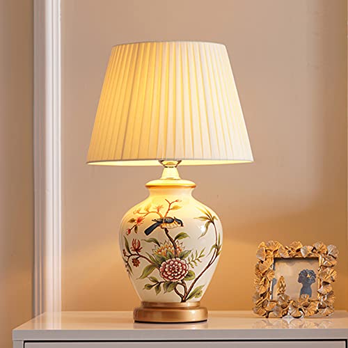 Mengjay Klassische Vintage Art Keramik Tischlampe, Vase-Like-Tuch Lesebuch-Licht Schreibtischlampe Porzellan-Antike Blumen verzierte Nacht Birne Beistelltisch Dresser (B) Cover