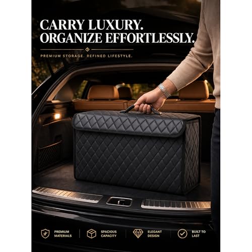 Image of JVCV PU Leather Car Trunk Boot Organizer Bag Box, With Lid Anti Slip Car Accessories Organizer, Foldable, Waterproof Storage Box for Car, Suv, Sedan, Truck, Minivan (Large - PU Leather).