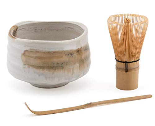 Fuji Merchandise Japanese Chasen Green Tea Bamboo Matcha Chasen Whisk Scoop and 21 fl oz Reactive Glaze Porcelain Matcha Bowl 3 Piece Gift Set