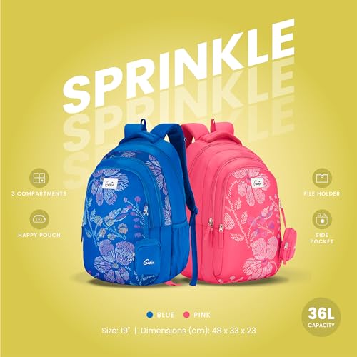 Image of Genie Sprinkle School Backpack for Girls |19 In-36 Ltr with Three Compartments, Side Pockets and Light Weight with Padded Shoulders |Best for Books,Stationery,Lunch Box & Essentials - Pink