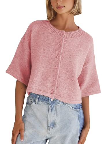 Springrain Cardigan Sweaters for Women Lightweight Knit Cropped Cardigan Button Up Solid Knitwear(Pink-L)