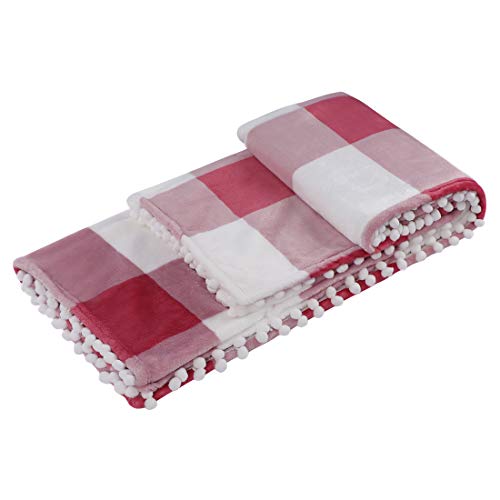 Piccocasa Buffalo Plaid Flannel Throw Blanket With Pom Poms | Tartan Checkered Fleece Blanket Throw Size | Lighweight Soft Plush Microfiber Blankets For Couch Sofa | 50"X60", Blush And White #TOP25