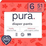 Pura Hypoallergenic Diaper Pants Size 6 (33+ lbs) Overnight, up to 12 Hours Leak Protection, Suitable for Sensitive Skin, Totally Chlorine Free, Soft Organic Cotton, 3 Packs of 17 (51 Pull Up Pants)