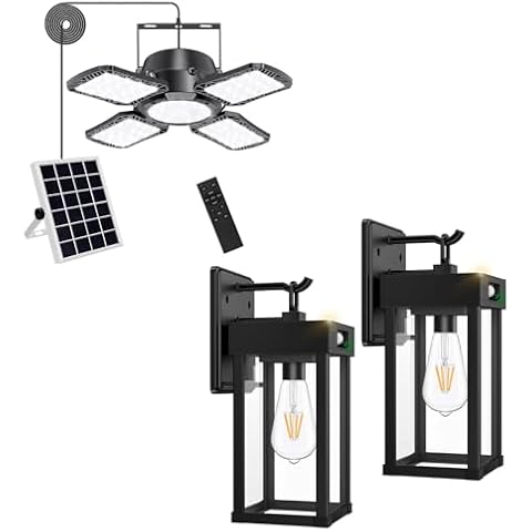 Auzev Solar Shed Light Indoor Outdoor Upgrade 176 LED 4 and 1 Heads Daytime Work Lights with 4 Modes 2 Pack Outdoor Solar Wall Light Fixtures with Dusk to Dawn Sensor,Large Size Black Outdoor Cover